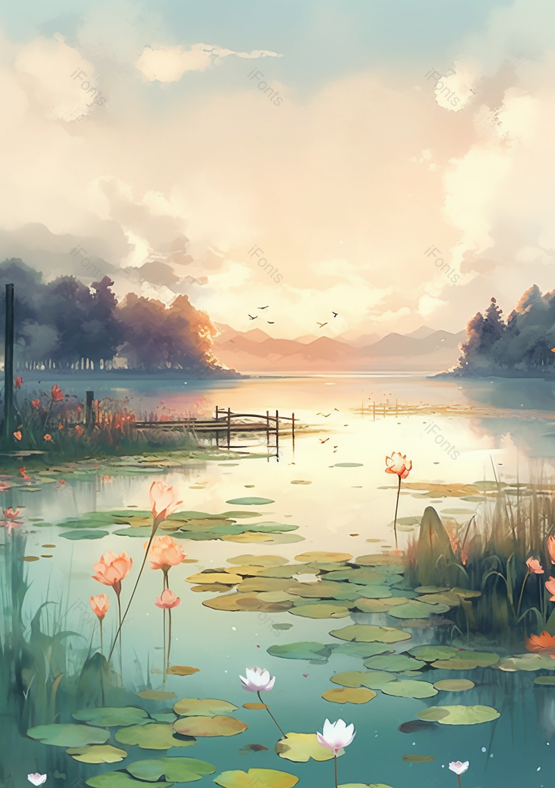 水塘荷花田野湖泊自然美景手绘背景,插画/手绘图,插画/手绘图库,插画/手绘图下载,插画/手绘